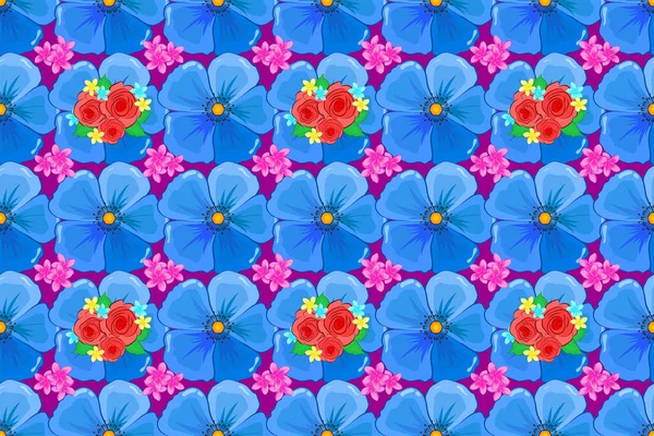 Rasterillustratie Naadloze Bloemenpatroon Een Paarse Achtergrond Met Bonte Roos Bloemen — Stockfoto