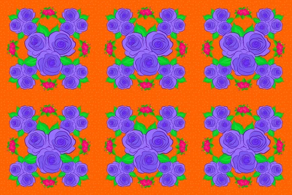 Floral print. Modern motley floral seamless pattern in violet, green and orange colors. Repeating raster rose flowers and green leaves pattern.