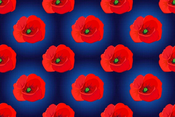 Raszter Zökkenőmentes Háttér Minta Stilizált Mák Virágok Levelek Kék Fekete — Stock Fotó