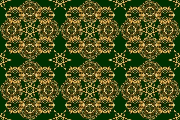 Ornamento Brilhante Dourado Fundo Verde Padrão Sem Costura Damasco Formas — Fotografia de Stock