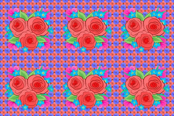 Rasterillustratie Naadloos Bloemenpatroon Met Gestileerde Rozenbloemen Groene Bladeren Roze Paarse — Stockfoto