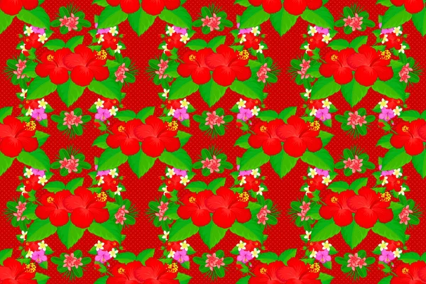 Красные Зеленые Розовые Цветы Гибискуса Модном Растровом Стиле Гавайские Тропические — стоковое фото