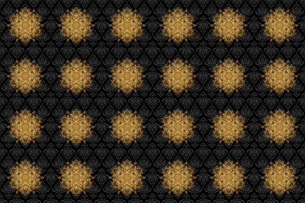 Szablon Gold Mandala Raster Koło Zentangle Strony Narysowane Czarnym Tle — Zdjęcie stockowe