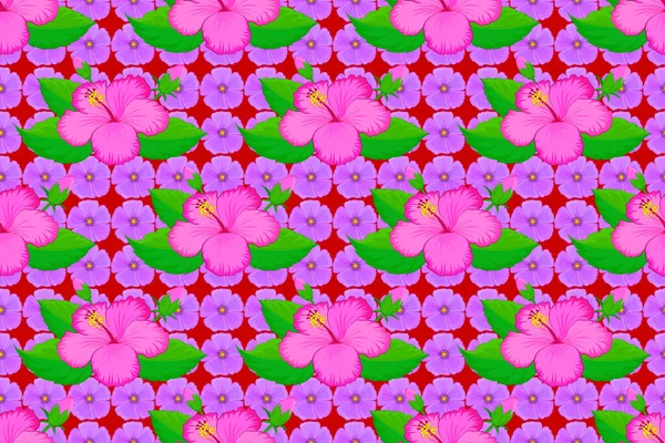 赤の背景にシームレスなパターンをラスター 美しい水彩ハイビスカスの花 明るい絵画インスピレーションを受けた花のプリント — ストック写真