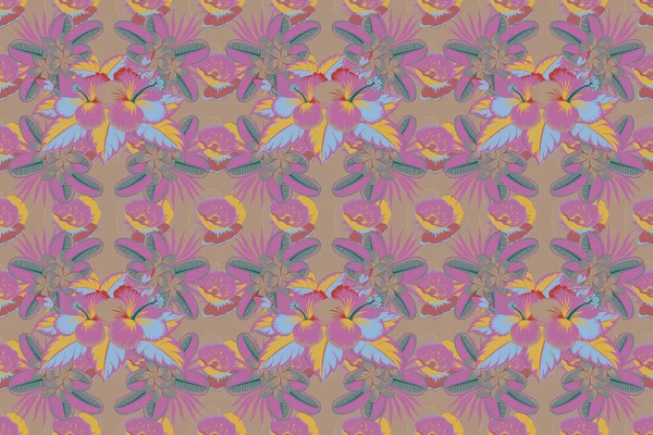 熱帯植物やピンク 紫や灰色のハイビスカスの花と夏のハワイのシームレスなパターン シームレスなラスターイラスト — ストック写真