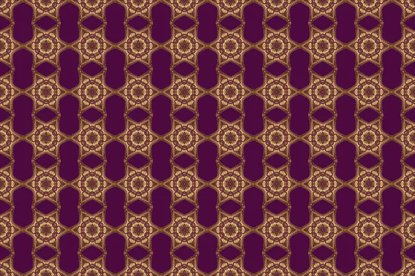 Ethnic Indian folklore. Raster abstract seamless patchwork background with purple and golden ornaments, geometric Moroccan seamless pattern. Stylized golden stars, snowflakes and grids.