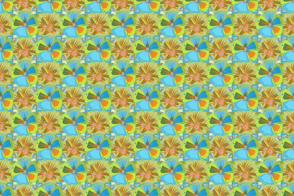 Exquisite pattern with cosmos flowers in vintage style. Trendy print with watercolor ditsy cosmos flowers in green, blue and yellow colors. Beautiful raster seamless pattern for decoration and design.