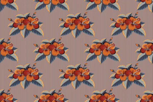 Illustration Peinte Main Orange Beige Gris Feuilles Tropicales Raster Fleurs — Photo