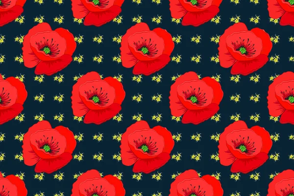Rastrový Bezešvý Vzor Červeného Máku Peří Tmavomodrém Pozadí Bezešvé Květinové — Stock fotografie