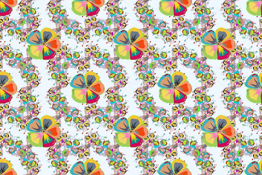 Pretty varicolored floral print. Motley seamless pattern. Raster abstract flower background.