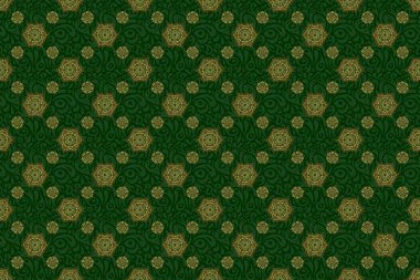 Yeşil ve altın süslemeleri, geometrik Fas dikişsiz desenleri olan soyut ve pürüzsüz bir arkaplan. Şekillendirilmiş altın yıldızlar, kar taneleri ve ızgaralar. Etnik Hint folkloru.