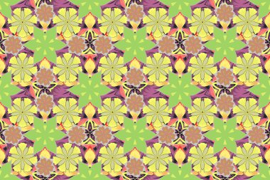 Raster küçük çiçekler. Moda baskıları için zarif bir şablon. Küçük bir çiçekte hoş, pürüzsüz bir desen. Pembe, yeşil ve sarı renkli küçük çiçekli..