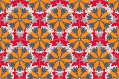 Küçük stilize çiçekler. Raster illüstrasyonu. Kırmızı, turuncu ve gri renklerde, küçük, şirin, çiçek desenli..