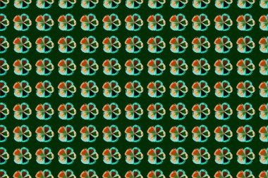 Yeşil, turuncu ve mavi renklerde, modern, renksiz çiçek deseni. Çiçek izi. Tekrarlayan Raster Kozmos çiçek deseni.