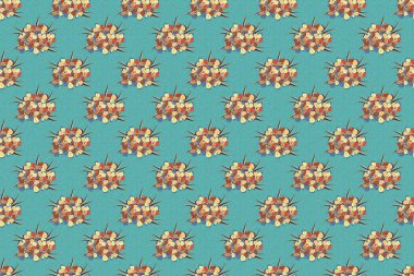 Çiçekler, yapraklar, dekoratif elementler, lekeler ve mavi, bej ve sarı renklerle süslenmiş derlenmemiş çiçek desenleri. Karalama çizim biçimi, el çizimi illüstrasyon.