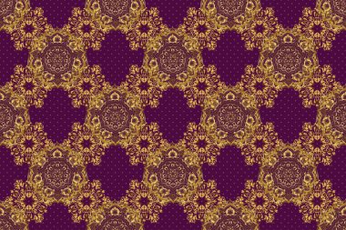 Dijital kağıt, tekstil baskısı, sayfa dolumu için kullanılabilir. Geleneksel Noel renklerinde pürüzsüz bir desen. Altın geometrik süslemeli soyut mor arkaplan.