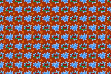 Plumeria çiçekleriyle optik yanılsama. Raster çizimi iç tasarım, baskı, web ve tekstil tasarımı için iyidir. Çiçeklerin turuncu, mavi ve kahverengi renklerdeki kusursuz dokusu.