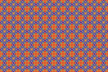 Sonbahar renkleri. Retro tekstil tasarım koleksiyonu. Çiçeklerin açtığı ipek eşarp mavi, sarı ve kırmızı renklerde. El çizimi çiçek unsurları olan soyut, dikişsiz raster deseni. 1950 'ler-1960' lar motifleri.