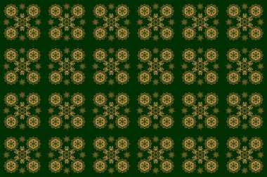 Süslü dantel iz sürücü. Yeşil zemin üzerinde altın elementlerle geleneksel Arap süsü. Raster kusursuz desenli, doğu tarzında altın renkli tasarımı var. Kumaş için süslü altın dekor.