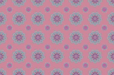 Raster dikişsiz damaske deseni, klasik duvar kağıdı, arka plan. Pembe ve mavi renklerde süslü konuşmalar..