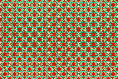 Geometrik tekrarlayan raster süsü yeşil, kırmızı ve turuncu elementlerle. Kusursuz soyut modern çok renkli desen.