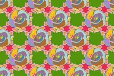 Sonbahar renkleri. El çizimi çiçek unsurları olan soyut, dikişsiz raster deseni. Retro tekstil tasarım koleksiyonu. 1950-1960 motifleri. Eflatun arkaplanda çiçek açan ipek eşarp.