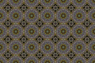 Damask çiçeksiz yeşil, gri ve kahverengi arkaplan desenli. Raster illüstrasyonu.