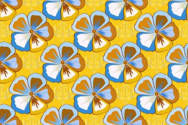 Kozmos çiçeklerinin zarif deseni. Eski tarz moda baskı. Dekorasyon ve tasarım için güzel bir raster deseni. Kozmos çiçekleri mavi, sarı ve turuncu renklerde sulu boya deseni.