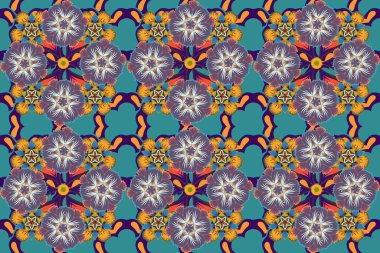 Mor, yeşil ve gri renkli şirin çiçeklerle kusursuz desen. Bahar mahsulü çiçekli arka plan. Güzel raster dokusu.