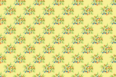 Çarşaf, ceket, paket tasarımı, kumaş ve moda kavramları için tekstil baskısı. Unutma beni çiçekleri ve sarı, yeşil ve turuncu renklerde yaprakları olan pürüzsüz bir desen.