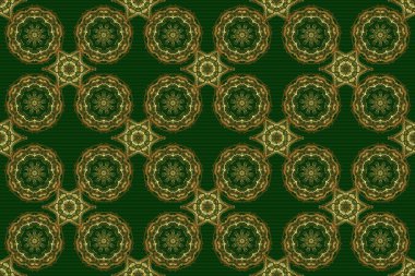 Parlayan Altın Elementlerle Zarif Noel Arkaplanı. Yeşil bir arka planda, kusursuz altın desen. Raster illüstrasyonu.