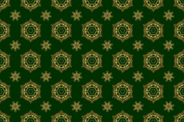 Raster illüstrasyonu. Yeşil arka planda altın elementlerle kusursuz desen. Noel kartları, dekorasyon, menüler, ağ, afişler ve şarap ve tatillerle ilgili tasarımlar için iyidir..