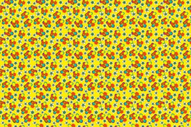 Sarı, kırmızı ve yeşil çiçek desenli tropik çiçek deseni. Raster illüstrasyonu. Çiçekli, pürüzsüz desen..