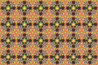 Raster oryantal stil arabesk. Gri, sarı ve turuncu elementler, bukleler ve süslerle kusursuz desen.