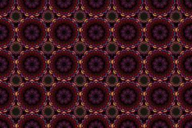 Ortaçağ çiçek desenli. Kırmızı, mor ve pembe pürüzsüz desenler doğum günü kartı, davetiye ya da afiş için iyidir. Raster illüstrasyonu. Dekoratif simetri arabesk.