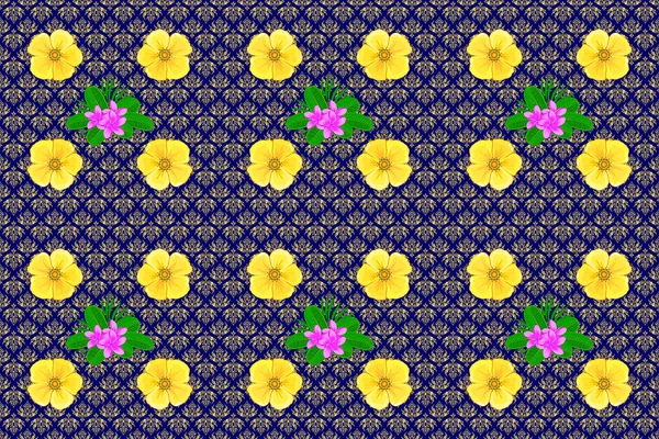 无缝图案与宇宙花朵 几何叶饰 图解现代图案 蓝色和黄色无缝化的抽象花卉图案 可爱的栅格背景 — 图库照片