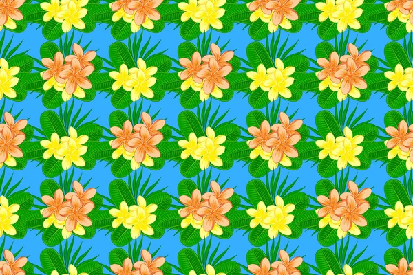 Słodkie Rastrowe Tło Kwiatowe Plumeria Kwiaty Bezszwowy Wzór Niebieskim Tle — Zdjęcie stockowe