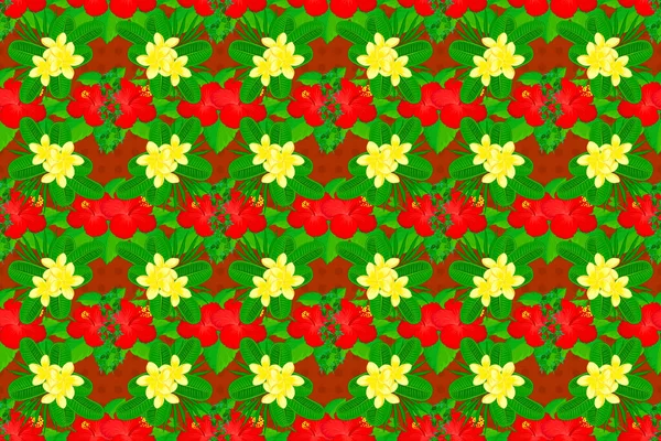 Растровая Иллюстрация Зеленых Красных Желтых Цветов Бесшовный Узор Цветами Пестром — стоковое фото