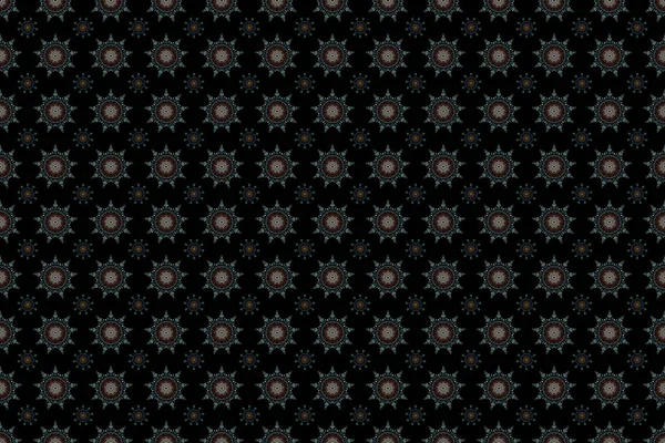 Seamless design on black background in brown, blue and green colors. Abstract seamless with Floral Elements. Raster winter pattern.