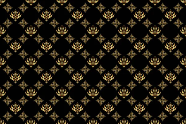 Geometric repeating raster ornament with golden elements. Seamless abstract modern pattern on a black backdrop. Black and golden seamless pattern.