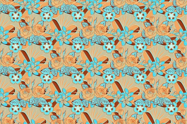 Isolated beautiful flowers drawn watercolor in yellow, blue and beige colors. Seamless floral background. Tropical colorful seamless pattern.