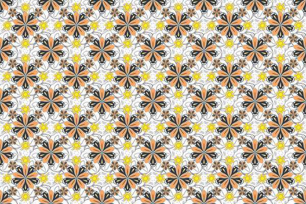 Raster seamless pattern with hand drawn small flowers. Stylized ditsy flowers in white, black and yellow colors.