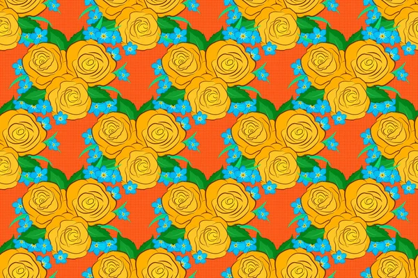 Винтажный Безseamless Узор Оранжевого Синего Желтого Цветов Розовые Цветы Зеленые — стоковое фото