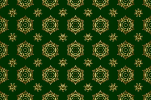 Rastrowa Ilustracja Płynny Wzór Złotymi Elementami Zielonym Tle Nadaje Się — Zdjęcie stockowe