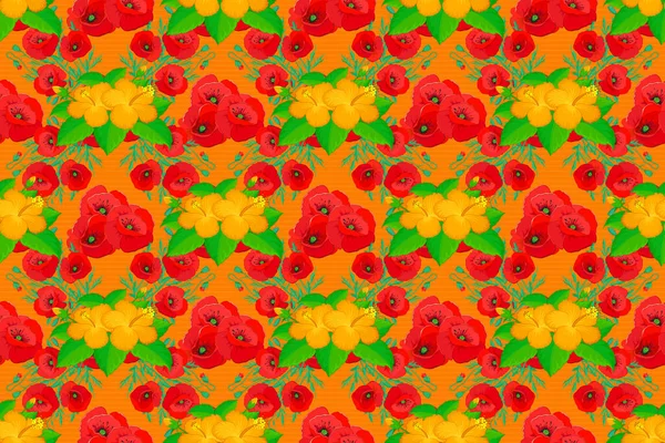 Seamless Pattern Decorative Summer Hibiscus Flowers Orange Background Watercolor Raster — Stock Photo, Image