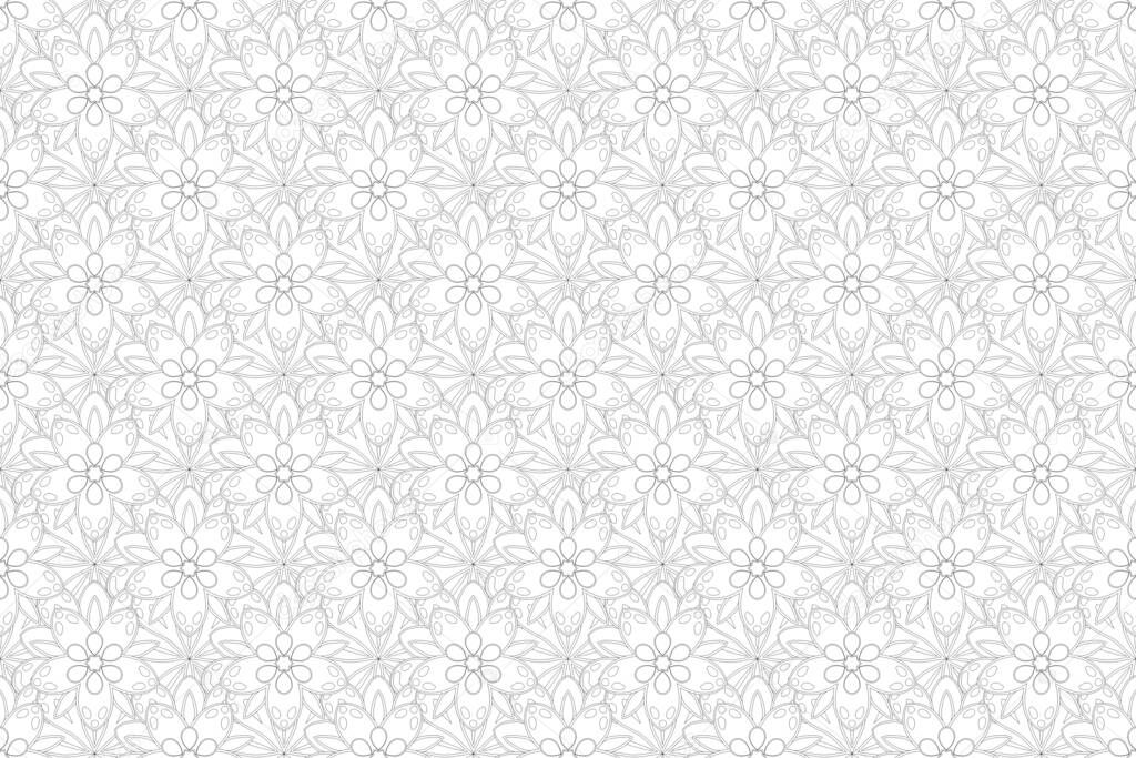 Traditional classic contoured ornament. Oriental raster seamless pattern with arabesques silhouette and outline black and white elements.