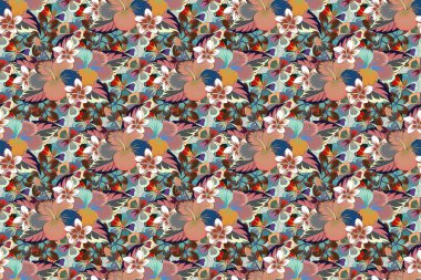 Çiçeksiz desen. Soyut şirin amber çiçekli bahar kağıdı kahverengi, gri ve mavi renklerde..