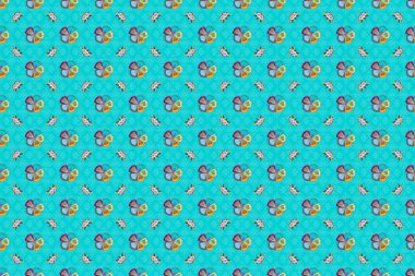 Bir sürü çiçeğin görüntüsüyle kusursuz bir desen. Mavi ve yeşil renkli küçük sevimli çiçekler. Ditsy style raster illüstrasyonu.