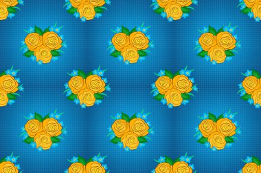 Dekoratif gül çiçekleri ve yeşil yapraklı yeşil, mavi ve sarı renkli kusursuz arkaplan deseni. Raster illüstrasyonu.