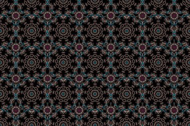 Raster dikişsiz damaske deseni, klasik duvar kağıdı, arka plan. Siyah arkaplanda pembe ve morumsu renklerle süslemeli kenarlık.